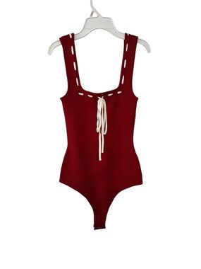 Le Lis Red Ribbed One-Piece Bodysuit with White Drawstring